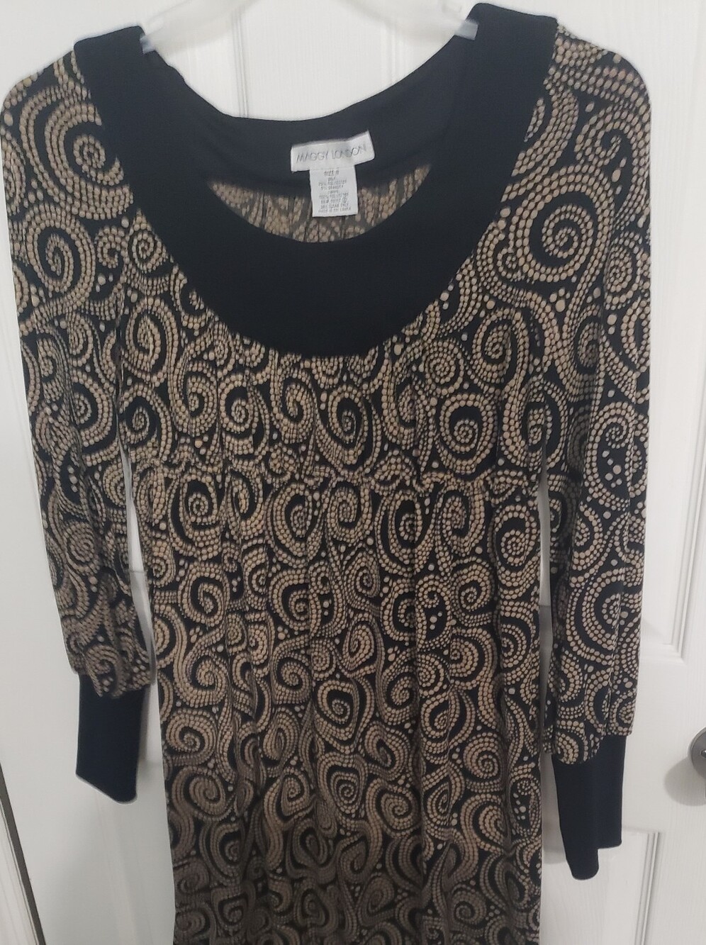 Maggy London Size 8 Black and Gold Swirl Midi Dress